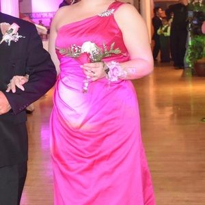 One shoulder Hot Pink Prom dress